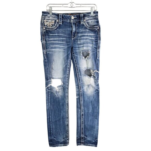 Womens Rock Revival Sosie Denim Blue Jeans Mid Rise Straight Distressed Size 27 - Picture 1 of 14